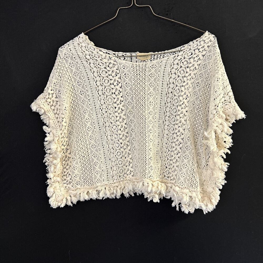 Crochet Crop Top Halter Fringed Boho Style Size L Lace Detail Festival Beach